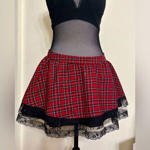 Vintage Y2K Lip Service Red and Black Plaid Skirt withh Lace and Tulle Sz M